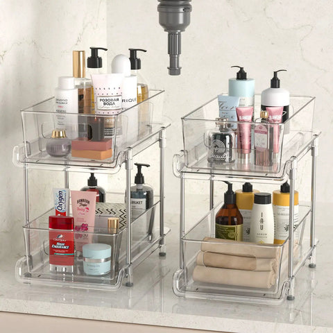 Clear Two Tier Under Sink Sliding Organizer With Adjustable Dividers Heavy Duty Waterproof Cabinet Rack For Bathroom Pantry with toiletries.