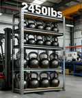 Beefy Five Tier Garage Shelving Unit With 2450 Lb Total Capacity And Adjustable Shelves, holding kettlebells in warehouse.