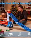Race Track Truck Toy Set For Kids Aged 3 To 6 Years Old Four In One Carrier Truck With Dual Foldable Race Tracks And Detachable Cab Includes Six Die Cast Cars Ideal Gift For Boys Blue with child and adult playing in living room.