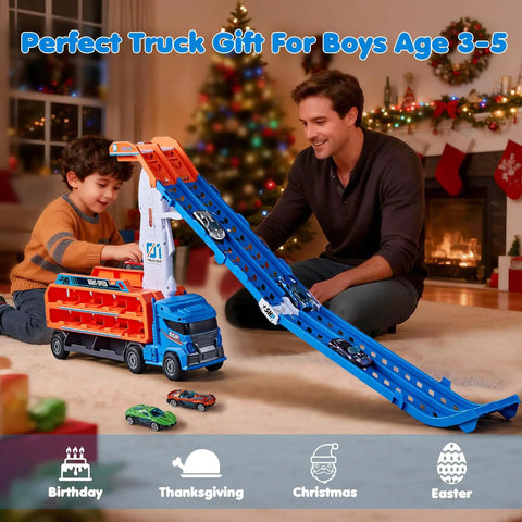 Race Track Truck Toy Set For Kids Aged 3 To 6 Years Old Four In One Carrier Truck With Dual Foldable Race Tracks And Detachable Cab Includes Six Die Cast Cars Ideal Gift For Boys Blue with child and adult playing in living room.
