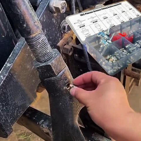 Person using Heavy Duty Grease Zerk Cleaner Tool Set for Auto Shop and DIY Projects on machinery, storage case visible