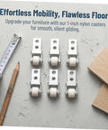 6 Pack Rock Solid Sliding Door Rollers With Galvanized Nylon Tracks For Cabinets And Furniture Built For Smoother Than Butter Gliding, 1-inch nylon wheels displayed on a work surface.