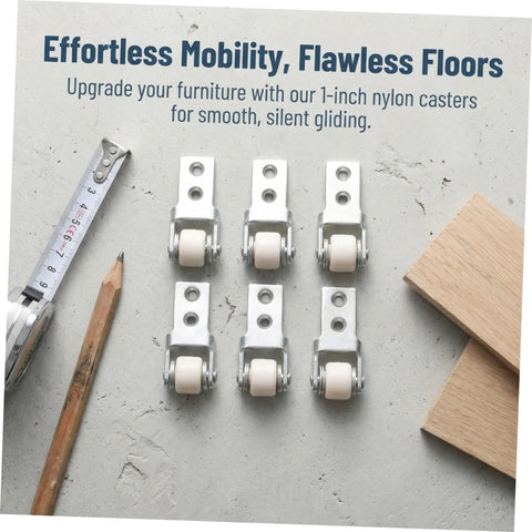 6 Pack Rock Solid Sliding Door Rollers With Galvanized Nylon Tracks For Cabinets And Furniture Built For Smoother Than Butter Gliding, 1-inch nylon wheels displayed on a work surface.