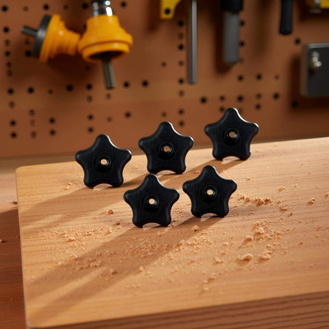 Five Pack Black Star Knobs For T Track Bolts And Feather Boards, 5/16-18 Female Thread, Clamping Knobs For Woodworking Jigs And Fixtures