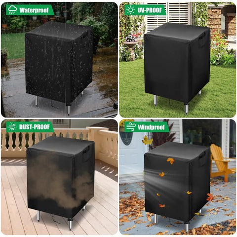 Outdoor Prep Table Cover 24x24x34 Inches shown in various weather conditions; waterproof Oxford fabric shielding a square table.
