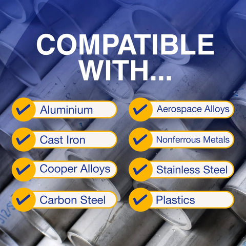 Fusion Cool 2240 metal cutting oil compatibility graphic listing Aluminium, Cast Iron, Stainless Steel, Plastics.
