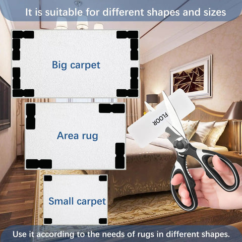 12 Pack Double Sided Rug Tape With Corner Grippers for multiple carpet sizes, showing compatibility with big, area, and small rugs.