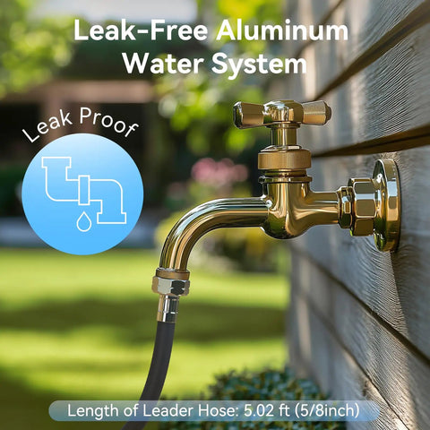Close-up of outdoor brass faucet with focus on leak-proof system, part of Heavy Duty Hose Reel With Never Leak System Metal Deck Box.
