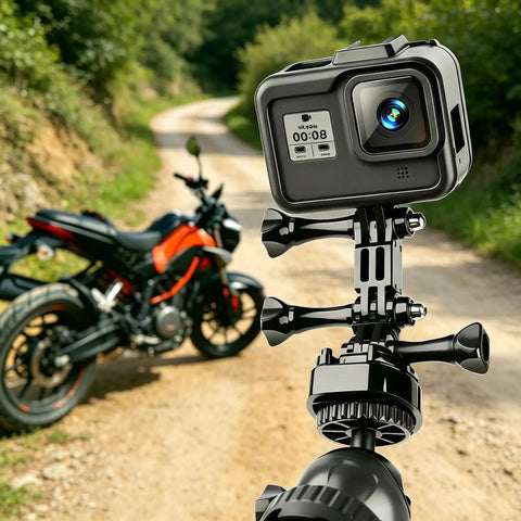 3 Way Adjustable Action Camera Pivot Arm Kit With Long And Short Extensions, Same And Vertical Direction Joints, Polycarbonate Mounts, Includes Four Long And Short Pivot Arms And Four Thumbscrews For Flex Shot Angles mounted on motorcycle