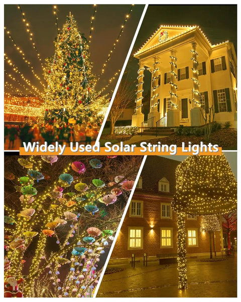 2Pack 500LED Solar String Lights Outdoor Waterproof 180FT With 8 Modes IP65 Warm White Twinkle on trees and buildings at night