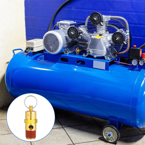 Blue portable air compressor with belt-driven pump; inset shows brass 1/4 inch male pressure relief valve.