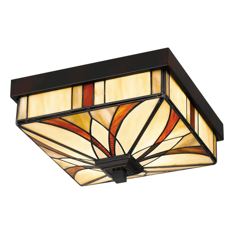 Finley Two Light Valiant Bronze Flush Mount With Multicolored Tiffany Glass Shade For Traditional Hallways And Living Rooms