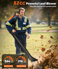 Man using Powerful 52cc Gas Backpack Leaf Blower With 564 CFM 216 MPH, 2 Cycle Engine, Padded Harness, in park cleanup