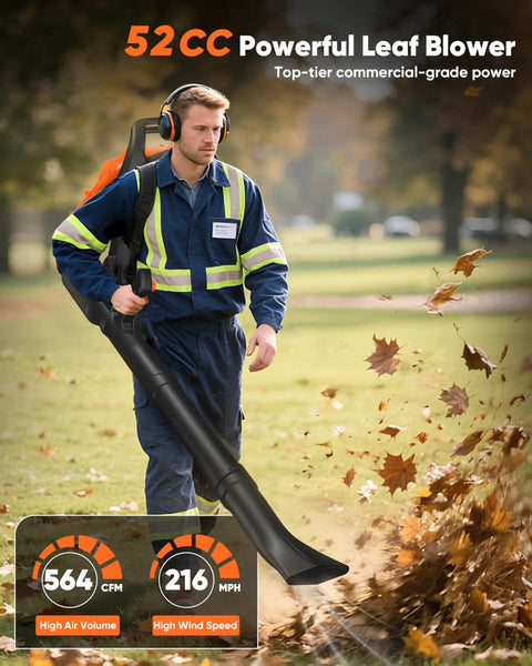 Man using Powerful 52cc Gas Backpack Leaf Blower With 564 CFM 216 MPH, 2 Cycle Engine, Padded Harness, in park cleanup