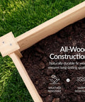 Raised Wood Garden Bed With Elevated Planter Stand, 72 By 24 By 30 Inches, close-up of corner showing fir wood construction and soil.