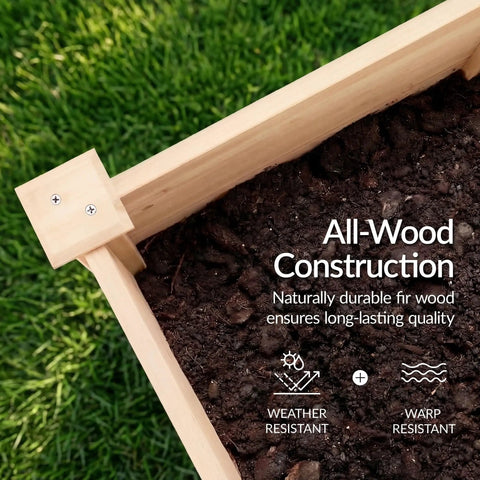 Raised Wood Garden Bed With Elevated Planter Stand, 72 By 24 By 30 Inches, close-up of corner showing fir wood construction and soil.