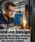 Man welding 4 Pack Beefy Heavy Duty Weld On Hinges Metal 4.2 x 4.4 Inch to metal frame, sparks flying