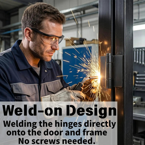 Man welding 4 Pack Beefy Heavy Duty Weld On Hinges Metal 4.2 x 4.4 Inch to metal frame, sparks flying