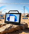 Badass Windows Rugged Tablet 14 Inch FHD 1000 Nits Sunlight Display 5G LTE Intel Core I5 16GB RAM 256G SSD IP65 Weatherproof visible outdoors next to a rock.