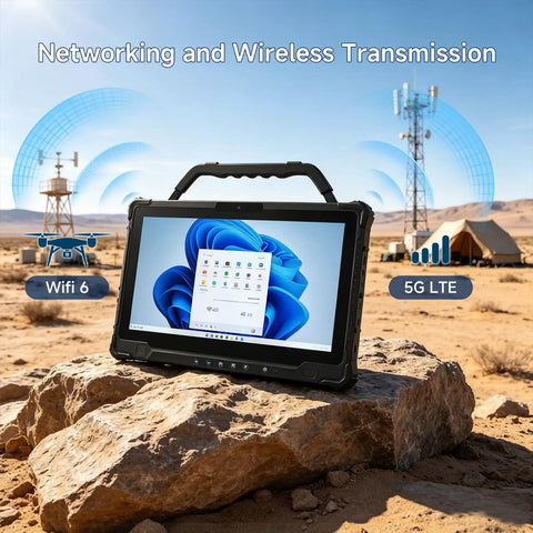 Badass Windows Rugged Tablet 14 Inch FHD 1000 Nits Sunlight Display 5G LTE Intel Core I5 16GB RAM 256G SSD IP65 Weatherproof visible outdoors next to a rock.