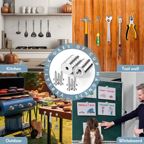 Heavy Duty Neodymium Mounting Magnets With Screws, 40 Lbs Holding Power, visible in kitchen, tool wall, outdoor, whiteboard settings