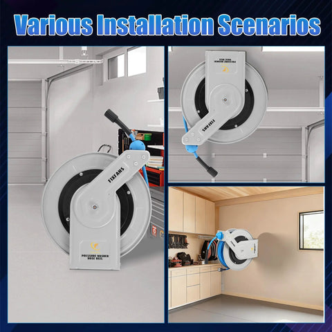 Heavy Duty 100 Ft Retractable Pressure Washer Hose Reel With Auto Rewind One Quarter Inch Hose Wall Mounted 3600 PSI Compatible Tangle Free Storage For Power Washers And Easy Clean Up
