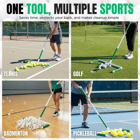 Portable Golf Ball Sweeper With Self Standing No Bend Design Modular PVC Ball Collector used for tennis, golf, badminton, pickleball