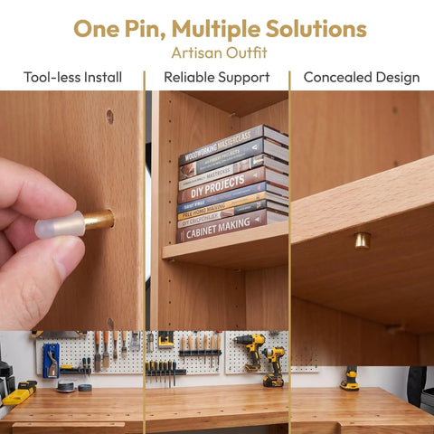 Brass Shelf Support Pegs Set Of 12 With Rubber Sleeves for easy install in a bookcase, showing tool-less installation and reliability.