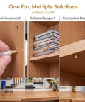 Brass Shelf Pins With Rubber Covers 1/4 Inch for Cabinets and Closets, hidden minimalist supports, shown in a wooden shelf setup