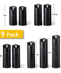 Set Of 9 Black Textured Flameless LED Real Wax Pillar Candles With Remote Control And Timer in varied heights from 5 to 9 inches
