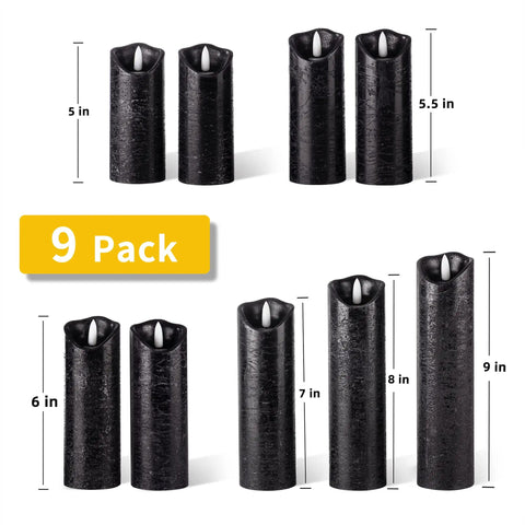 Set Of 9 Black Textured Flameless LED Real Wax Pillar Candles With Remote Control And Timer in varied heights from 5 to 9 inches