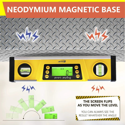 Digital Level 10 Inch Torpedo Level With Protractor And Magnetic Base showing bright LCD display and neodymium magnetic base