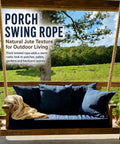 Heavy Duty Manila Rope One And A Quarter Inch By 100 Feet Natural Jute Rope used for porch swing with blue cushions in outdoor setting