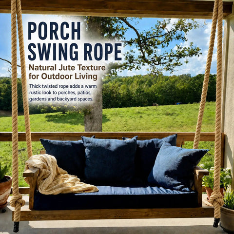 Heavy Duty Manila Rope One And A Quarter Inch By 100 Feet Natural Jute Rope used for porch swing with blue cushions in outdoor setting