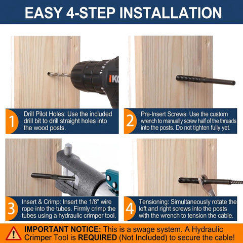 Easy installation steps for Tough As Nails 60 Pack Black Swage Lag Screws For Cable Railing Systems 1/8 Inch Diameter.