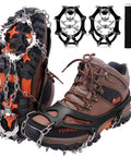 Beefed Up Crampons For Shoes With 19 Stainless Steel Spikes Ice Snow Traction Grips showing attachment on hiking boot