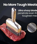 Amazon meat tenderizer mallet with extra-long stainless-steel handle and ribbed blade on raw steak
