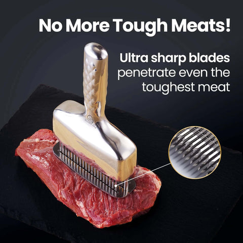 Amazon meat tenderizer mallet with extra-long stainless-steel handle and ribbed blade on raw steak