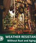 Holiday decorations with 100 Pack Half Inch P Style Rope Light Clips With Stainless Steel Screws For Outdoor Use on deck railing.