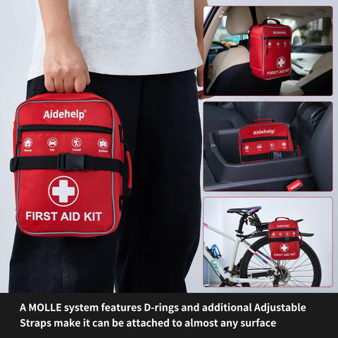 520 Piece Premium First Aid Kit For Home Car Travel Camping Hiking And School With 520 Essential Medical Supplies displayed in various uses