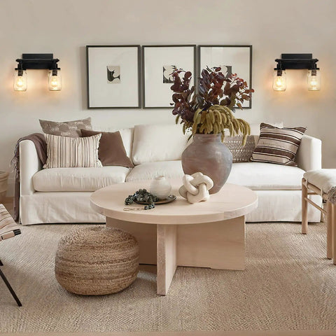 Industrial Mason Jar Vanity Lights 2 Pack With Clear Glass Shades Gold And Black Farmhouse Wall Sconces in living room