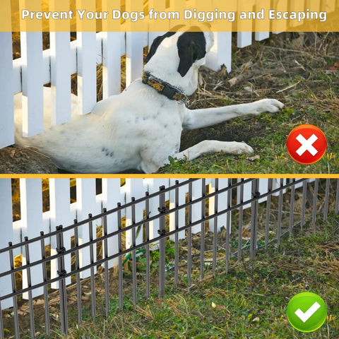 Dog prevented from digging by Heavy Duty No Dig Garden Fence Kit 25 Pack 17 Inch High By 27 Foot Long Rustproof Metal Border Panels