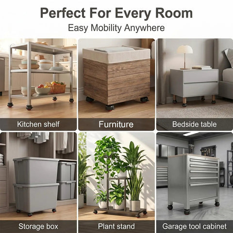 Snap In No Sweat Silent Swivel Caster Wheels For Bedroom Dressers And Kitchen Islands shown on various furniture types.