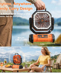 Cordless Camping Fan With 20000mAh Battery, LED Light, Remote, And USB Powerbank on picnic table outdoors