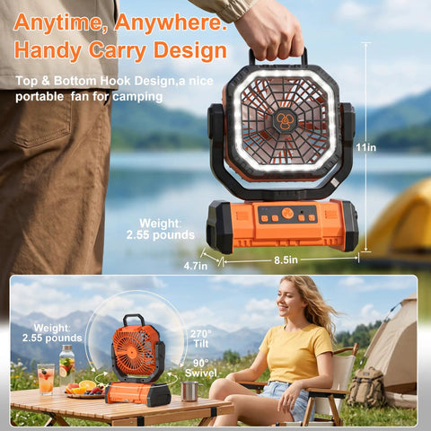 Cordless Camping Fan With 20000mAh Battery, LED Light, Remote, And USB Powerbank on picnic table outdoors