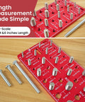 JoblikeBrez thread checker on red wall-mount board with SAE and metric bolt gauge and metal bolts