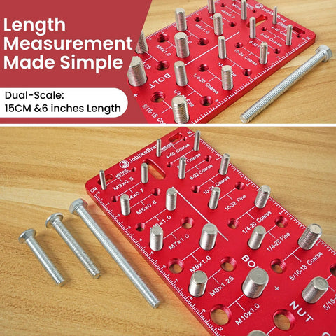 JoblikeBrez thread checker on red wall-mount board with SAE and metric bolt gauge and metal bolts