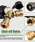 Propane Tank Splitter With Gauge 2 Way Y Adapter With Shut Off Valve Hose Splitter for camping stoves and grills, brass details