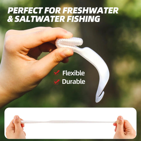 Person holding Curly Tail Worm Lures Soft Realistic Wavy Tail Bait Swimbaits For Saltwater And Freshwater Fishing Killer For Bass Trout Crappie And More 6 Inch White 20 Pack showcasing flexibility and durability.
