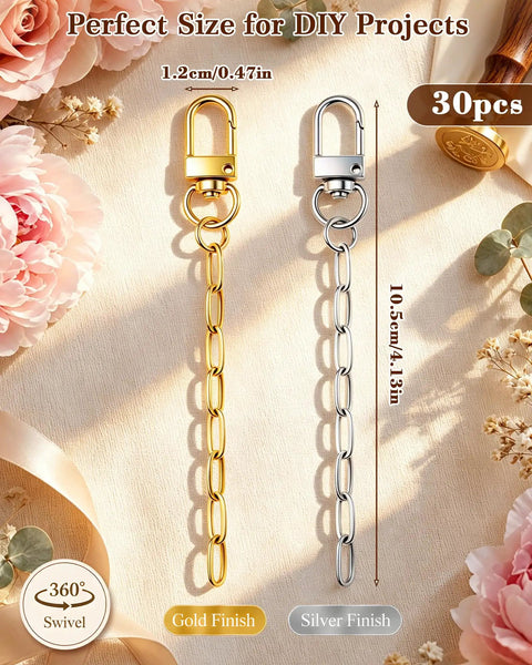 30 Piece Silver Keychain Making Kit With Swivel Snap Hooks And Lobster Clasps, Includes 4.13 Inch Chains And Bonus Extender Chain on display